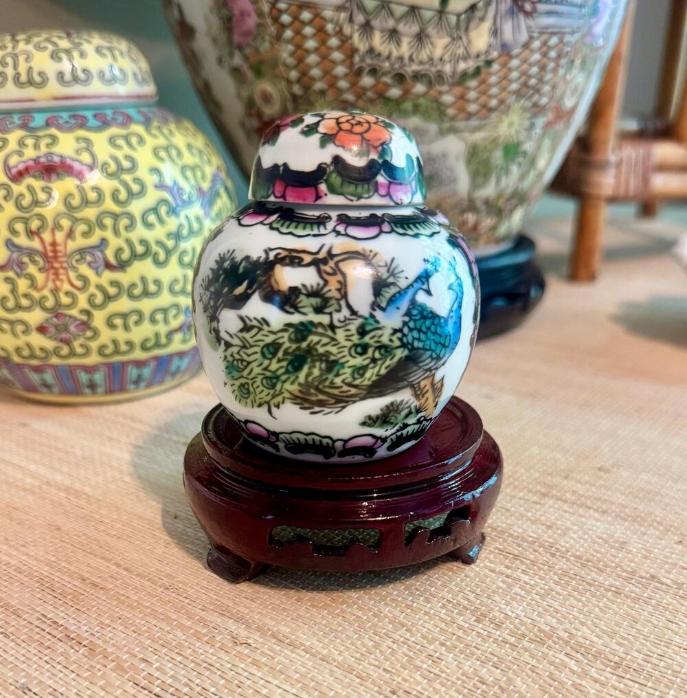 Vintage Famille Rose Porcelain Petite Ginger Jar with Wood Stand